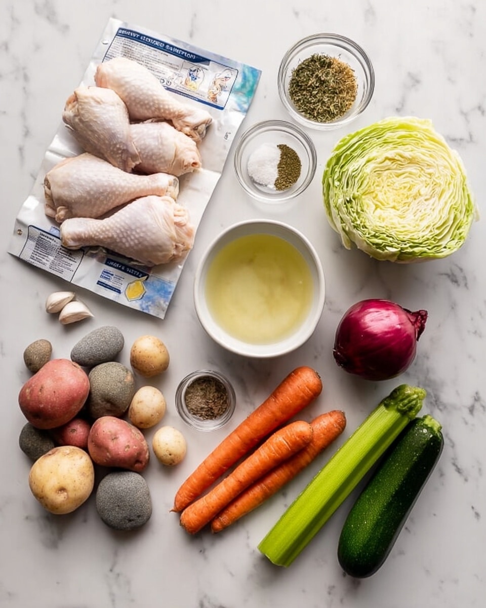The image shows a white marbled surface with several raw ingredients arranged neatly. On the left, there is a package with four chicken drumsticks, just below a small white bowl with light yellow liquid. In the top middle part, a small glass bowl holds dried herbs and spices, while a smaller bowl below it has salt and pepper. To the right, there is a quarter of a green cabbage, five red potatoes, a bunch of orange carrots, three stalks of celery, a dark green zucchini, a whole onion, and three cloves of garlic. There is also a small pile of mixed round stones placed near the garlic. The lighting is bright, showing the natural colors and textures of the ingredients. photo taken with an iphone --ar 4:5 --v 7