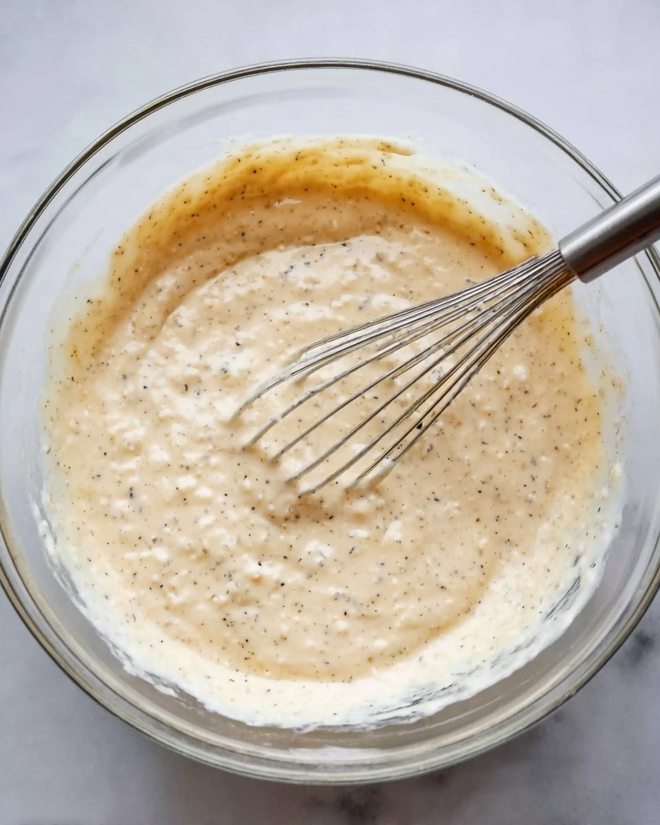 A clear glass bowl filled with a creamy, light beige batter that has a slightly thick and lumpy texture, mixed with small visible specks of black pepper. A metal whisk is partially immersed in the batter, resting diagonally across the bowl. The bowl sits on a white marbled surface. photo taken with an iphone --ar 4:5 --v 7