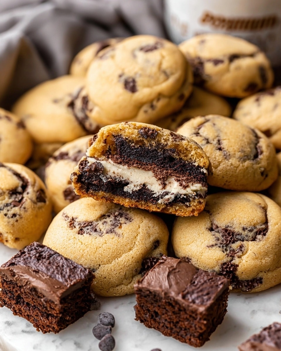 A close-up view of many light brown cookies filled with dark chocolate chips, arranged closely together on a white marbled surface. On top is one cookie broken in half, showing three layers inside: the outer layer is a soft cookie dough with a yellowish tone and chocolate chips, the middle layer is dark, moist brownie, and between them is a creamy white filling. Around the cookies are several small, dark brown brownie squares with a moist texture. The background shows a soft grey cloth and a white cup with brown text. photo taken with an iphone --ar 4:5 --v 7