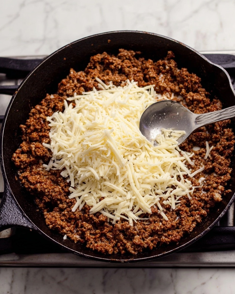The image shows a black cast iron pan filled with cooked ground meat, which is brown and crumbly, covering the entire base of the pan. On top of the meat in the middle, there is a pile of shredded white cheese, roughly centered. A silver spoon rests on the cheese, positioned diagonally from the right side, slightly pressing into the cheese. The pan is on a stove, and the background is a white marbled surface. Photo taken with an iphone --ar 4:5 --v 7