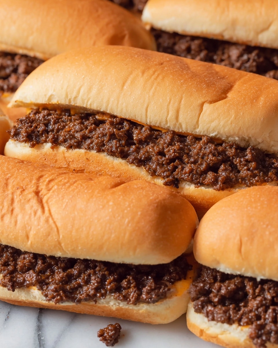 The image shows close-up views of several sandwiches, each with two layers: a soft, light golden brown bun on top and bottom, and a thick middle layer of finely ground cooked beef with a slightly crumbly texture and deep brown color. The beef filling is generous and packed tightly inside each sandwich, with some bits spilling a little outside. The sandwiches are placed close together on a white marbled surface, filling the frame. The photo taken with an iphone --ar 4:5 --v 7