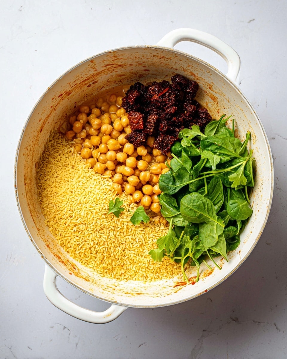 A white round pot with two handles contains four groups of ingredients arranged separately inside. Starting from the upper right and moving clockwise, there is a dense pile of yellow dry rice grains, next to it a cluster of cooked golden chickpeas partly in liquid, then a group of dark brown chunks that look like dried tomatoes or similar, and finally a small pile of fresh green spinach leaves. Some light orange sauce or seasoning residue is visible on the pot's inner walls, and the pot sits on a white marbled surface. Photo taken with an iphone --ar 4:5 --v 7