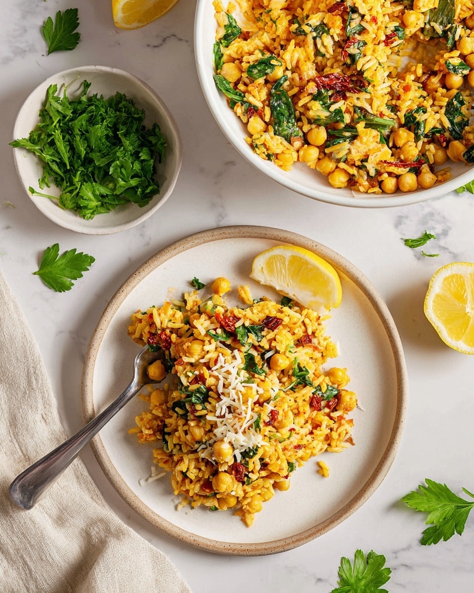 A round white plate holds a colorful rice dish mixed with yellow chickpeas, green leafy spinach, small red bits of sun-dried tomatoes, and white shredded cheese sprinkled on top. A lemon wedge sits on the edge of the plate adding a bright pop of yellow. Above the plate is a large white bowl filled with the same rice mixture. To the left, a small white bowl contains fresh green parsley leaves, all placed on a white marbled textured surface. The scene is bright and clean with a light beige napkin and scattered parsley for decoration. Photo taken with an iphone --ar 4:5 --v 7