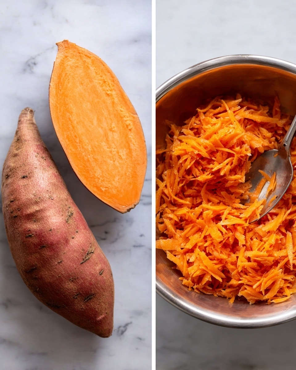 The image shows two side-by-side photos on a white marbled surface. On the left, a whole sweet potato with a rough, reddish-brown skin is placed next to the same sweet potato sliced in half lengthwise, revealing a smooth, bright orange interior. On the right, there is a close-up of a shiny metal bowl filled with finely grated bright orange sweet potato pieces. A silver spoon is resting inside the bowl, partially covered by the grated sweet potato. photo taken with an iphone --ar 4:5 --v 7