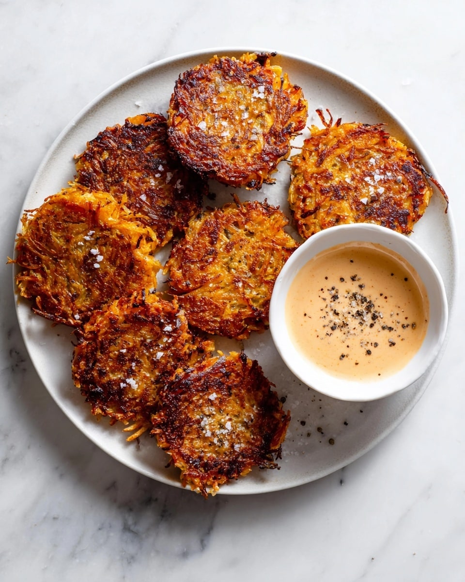 A white plate holds six round, crispy, golden-brown patties with a textured surface made of thin shredded strands, showing darker burnt edges and some coarse salt sprinkled on top. On the right side of the plate, there is a small white bowl filled with creamy sauce that is light orange with white swirls and topped with ground black pepper. The plate sits on a white marbled surface with some scattered black pepper around. photo taken with an iphone --ar 4:5 --v 7