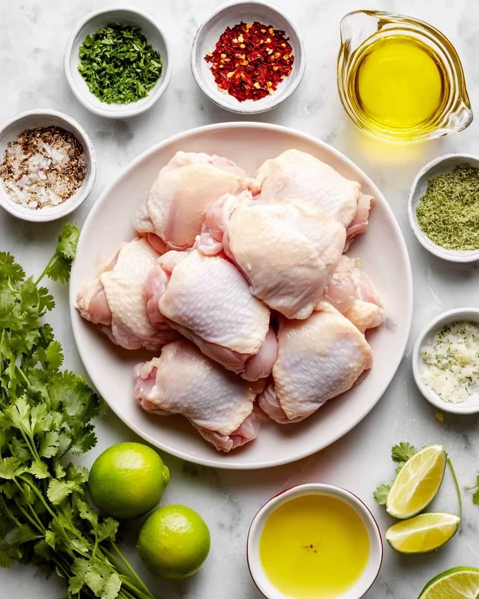 A white plate sits in the middle on a white marbled surface, filled with a pile of raw chicken thighs with smooth, pale pink skin. Around the plate, there are small white bowls holding different ingredients: bright green chopped herbs, finely minced garlic with a white texture, yellow oil in a clear measuring cup, white salt and black pepper mixed, a deep red powder, and a mix of red chili flakes. Below the plate, there's a white bowl filled with light yellow lime juice, with a whole green lime and a cut lime half showing a fresh, juicy interior nearby. Fresh green cilantro leaves are scattered around the scene, adding fresh color. photo taken with an iphone --ar 4:5 --v 7