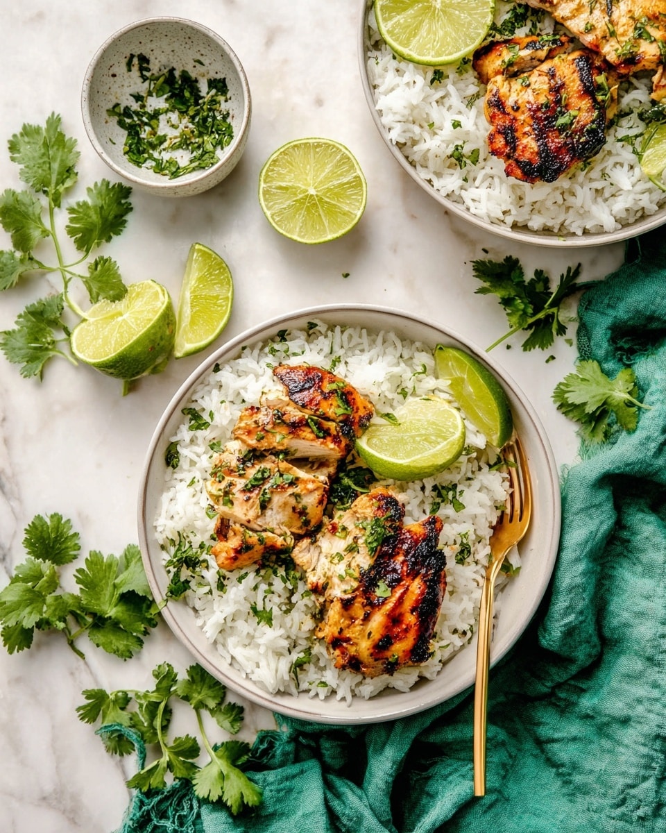The image shows two white bowls filled with a base of fluffy white rice, topped with three pieces of grilled chicken each. The chicken pieces are golden brown with light char marks and are sprinkled with chopped green herbs. On top of the chicken and rice layers are two fresh lime wedges in each bowl, adding a bright green pop of color. One bowl has a gold fork resting on the rice near the chicken. Around the bowls on a white marbled surface are fresh lime slices and leafy green herbs. A green cloth napkin is placed near the lower right corner, and a small white bowl with chopped herbs and a lime wedge is positioned above the main bowls. photo taken with an iphone --ar 4:5 --v 7