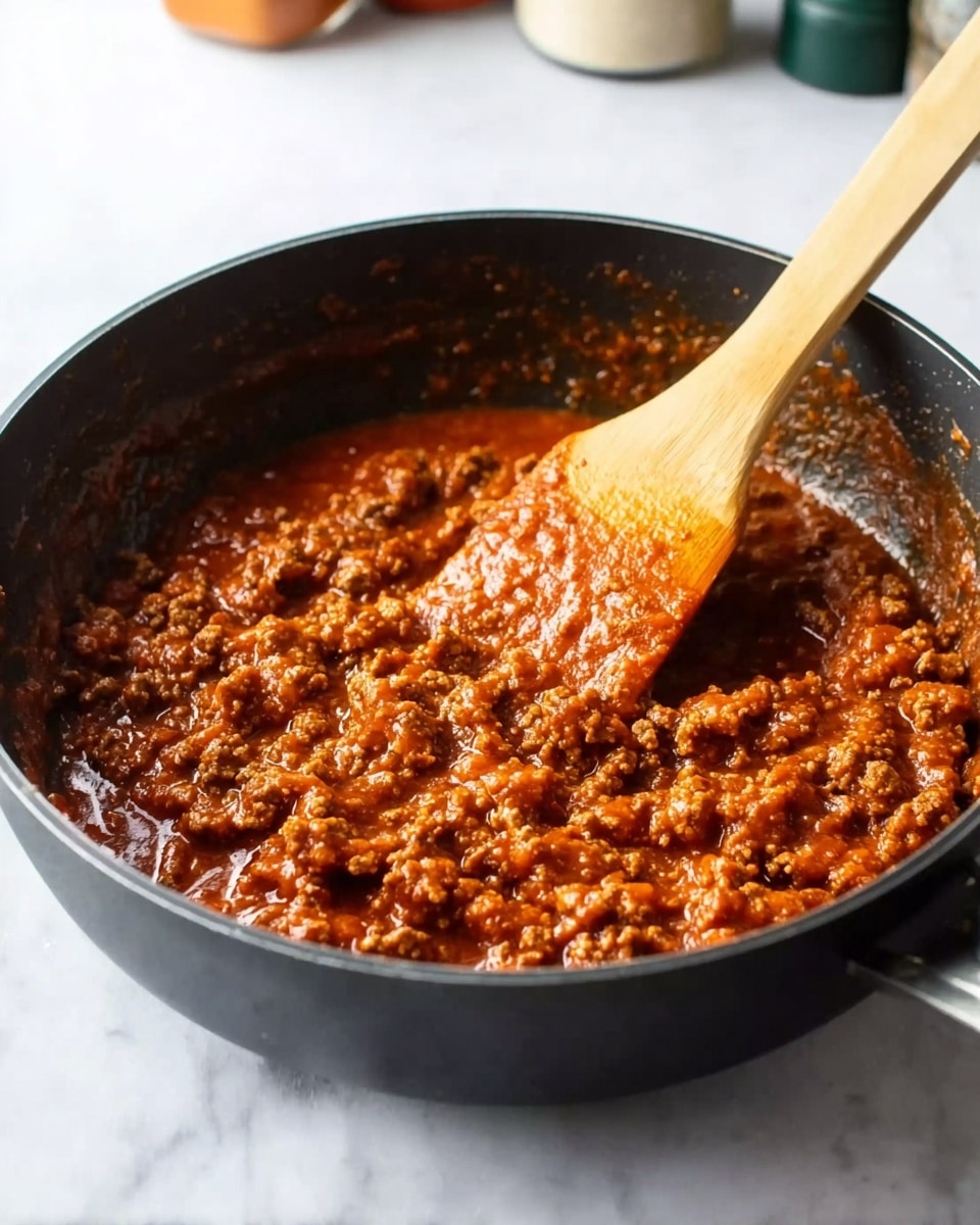A black pan filled with a thick reddish-brown sauce mixed with small pieces of cooked ground meat. A wooden spatula is partially submerged in the sauce, with its flat end coated in the sauce, positioned in the center of the pan. The pan sits on a white marbled surface, with some kitchen containers blurred in the background. The texture of the sauce looks dense and slightly chunky. Photo taken with an iphone --ar 4:5 --v 7