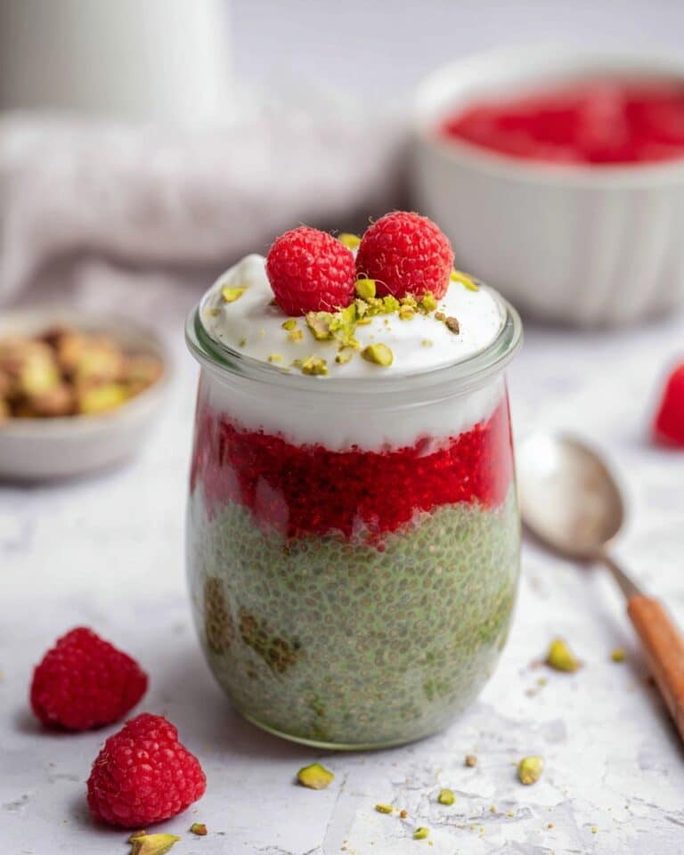 Matcha Chia Pudding with Raspberry Compote and Plant-Based Yogurt Recipe