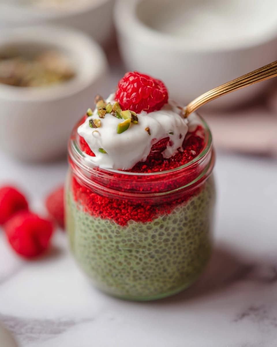 A small clear glass jar holds a three-layer dessert. The bottom layer is thick and green with a texture full of tiny dark seeds. The middle layer is bright red and looks like crushed raspberries, covering the green layer. On top is a white creamy layer, spread unevenly with some parts mixing into the red. A single whole red raspberry and small green pieces are placed on the white layer. A gold spoon with some white cream on it is dipping into the jar from the left side. The jar is placed on a white marbled surface with a red raspberry nearby and blurred white bowls in the background. photo taken with an iphone --ar 4:5 --v 7