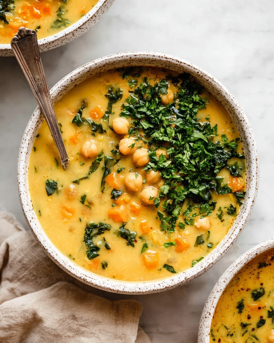 A white speckled bowl filled with thick yellow soup forms the base layer, showing a creamy texture with chunks of orange vegetables and whole beige chickpeas floating throughout. On top, finely chopped dark green leafy herbs are spread mostly on the right side, adding a fresh contrast. A silver spoon rests inside the soup on the left side. The bowl sits on a white marbled surface, with a beige cloth napkin partially visible in the bottom right corner. Another similar bowl is partly seen above, also with the same yellow soup and green herbs. photo taken with an iphone --ar 4:5 --v 7