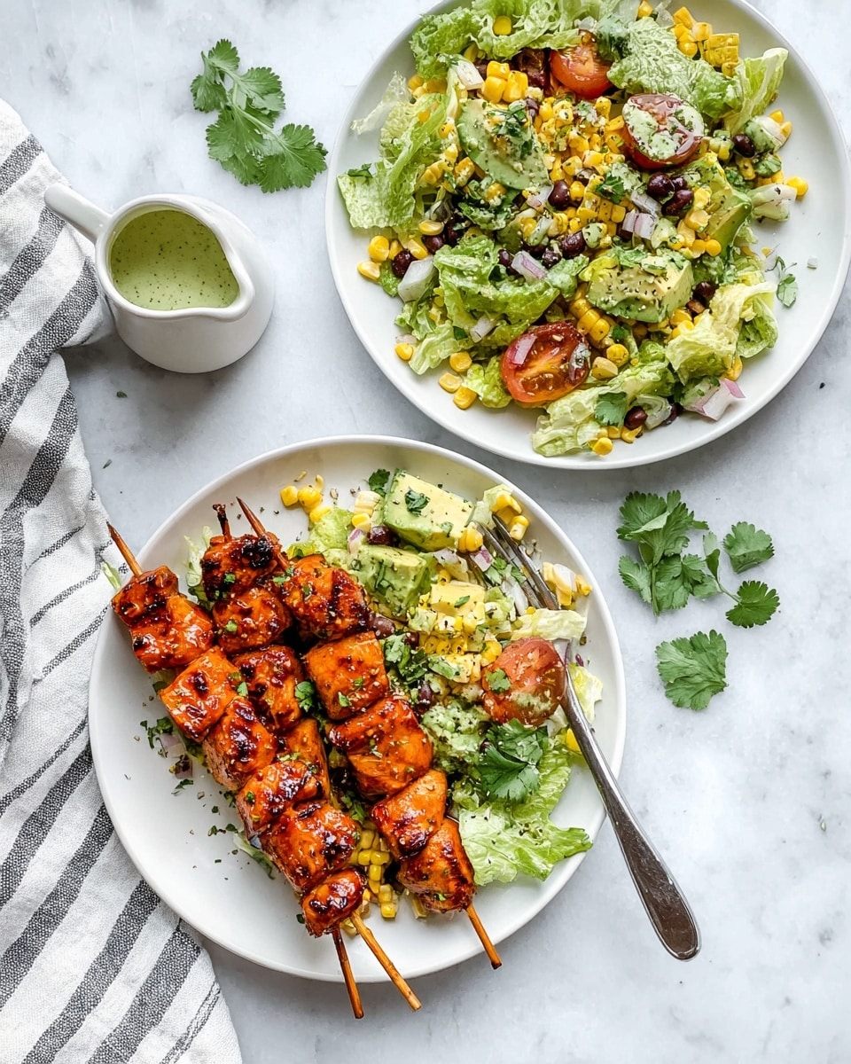 Two white plates on a white marbled surface each hold two wooden skewers with shiny, grilled orange-brown glazed chicken pieces, placed on the left side of the plate. On the right side, there is a colorful salad made of bright green lettuce, yellow grilled corn pieces, red tomato slices, black beans, and light green avocado chunks, all mixed together and sprinkled with black pepper and fresh green cilantro leaves on top. A metal fork rests on the right edge of the front plate, partially in the salad. Nearby, there is a small white pitcher with a green herb dressing and scattered fresh cilantro leaves around. A white cloth with thin black stripes is partly visible in the corner. Photo taken with an iphone --ar 4:5 --v 7