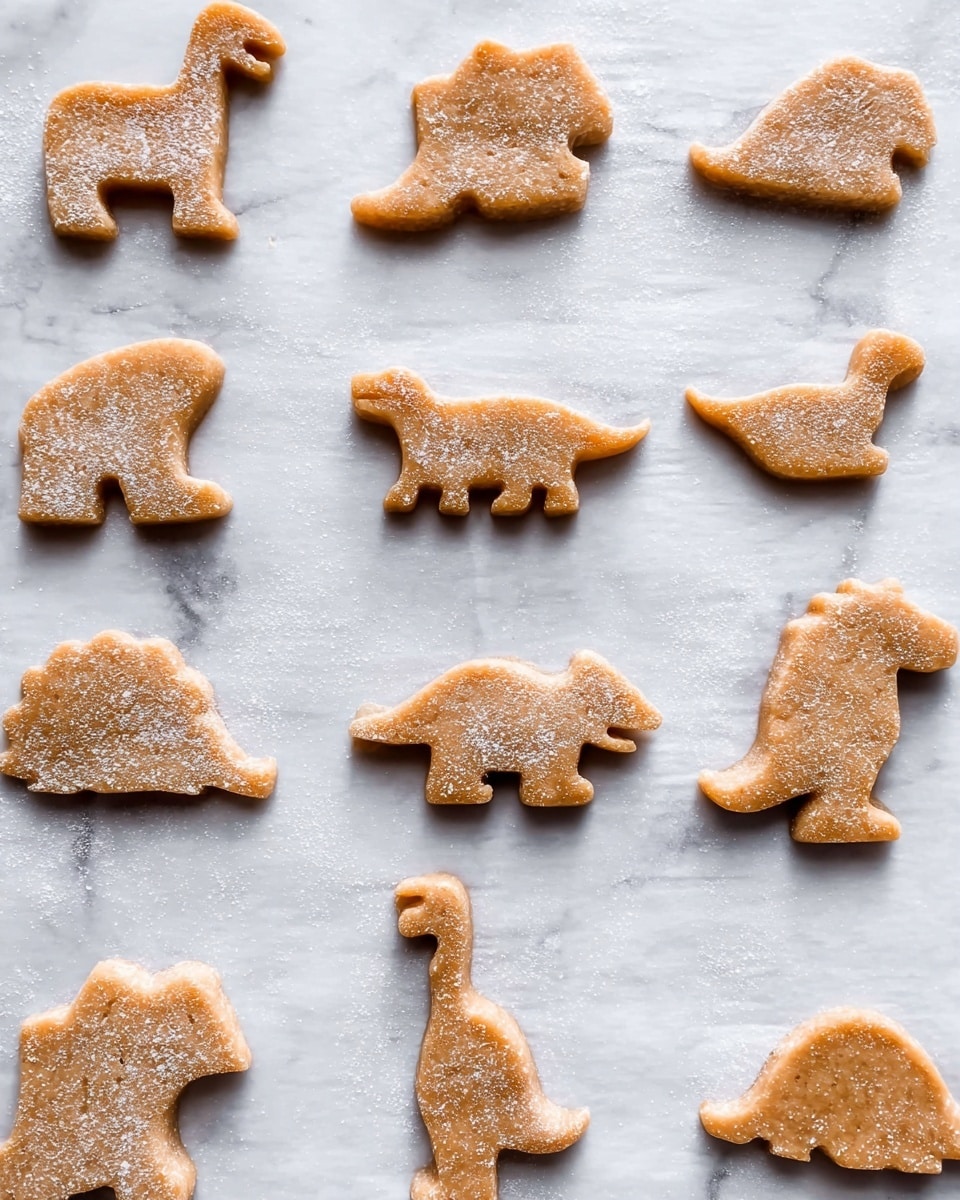 The image shows several pieces of light brown cookie dough shaped like animals and dusted lightly with white flour. The dough pieces include shapes such as a horse, a dinosaur, and other animal figures. They are placed in neat rows on a sheet of parchment paper which rests on a white marbled surface. Each dough shape has a smooth texture with some soft edges. Photo taken with an iphone --ar 4:5 --v 7
