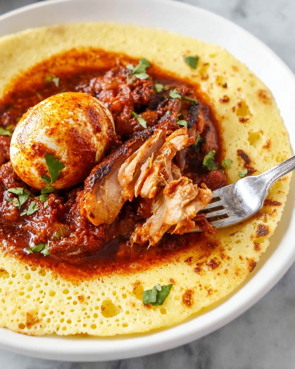 The dish shows a white plate with a light yellow, spongy flatbread as the base, covered in many small holes. On top, there is a thick layer of rich red sauce with visible chunks of cooked onions and herbs. Placed on the sauce, there is a piece of reddish-brown cooked meat with visible texture and grill marks, next to a whole boiled egg coated in the same red sauce. A silver fork is inserted into the meat, lifting a piece, and small green herb leaves are scattered on the sauce and flatbread. The plate sits on a white marbled surface. Photo taken with an iphone --ar 4:5 --v 7
