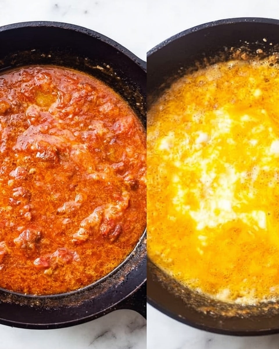 The image shows two black cast iron pans placed side by side on a white marbled surface. The left pan holds a thick, chunky orange-red sauce with visible bits of cooked ingredients and a slightly oily texture on top. The right pan contains a bright yellow-orange egg mixture with some white areas where the egg is cooking and slight bubbling on the surface. Both pans have a rustic look with some food remnants on their edges. Photo taken with an iphone --ar 4:5 --v 7