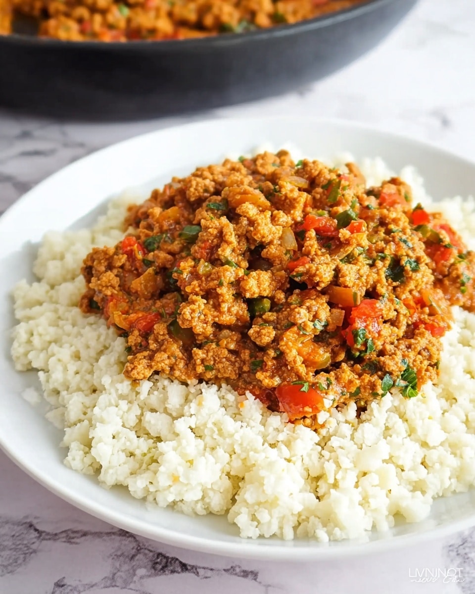A white plate holds two main layers: on the bottom, a bed of small, white cauliflower rice pieces that look soft and fluffy, forming a thick layer around the edge; on top, a generous portion of cooked ground meat mixed with finely chopped red and green vegetables, coated in a warm, orange-brown sauce with visible small chunks and specks of herbs scattered throughout. The dish is presented on a white marbled surface, with a black pan partially visible in the background. Photo taken with an iphone --ar 4:5 --v 7