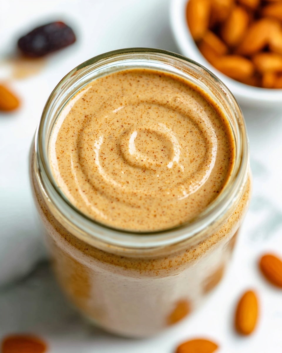 A close-up image of a glass jar filled with smooth almond butter showing a light brown color with small darker bits spread evenly for texture. The almond butter's surface has a subtle swirl pattern at the center. In the blurred background, there is a white bowl filled with whole almonds and a small dark item in the corner. The scene is set on a white marbled surface. photo taken with an iphone --ar 4:5 --v 7