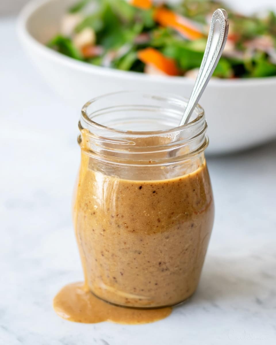 A clear glass jar filled with smooth, light brown sauce speckled with darker brown bits, slightly dripping over the edge with some sauce on the white marbled surface below; a silver spoon is placed inside the jar, standing upright. In the softly blurred background, there is a white bowl containing a colorful salad with green leafy pieces, orange slices, and other fresh ingredients, all set on the white marbled texture photo taken with an iphone --ar 4:5 --v 7