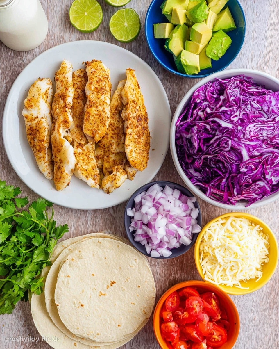 The image shows a white round plate on the left filled with six pieces of cooked golden brown seasoned fish fillets laid side by side. Above the plate, there is a small blue bowl with sliced avocado pieces, and to its right, a large loose pile of shredded purple cabbage with white veins dominates the upper right part of the image. Below the cabbage, a small yellow bowl contains finely chopped red onions. Next to the onions, fresh green cilantro leaves are placed on the white marbled surface. Near the cilantro, a neat stack of white corn tortillas is placed. Below the tortillas, a small white bowl holds diced red tomatoes. Above the tomatoes, an orange bowl is filled with crumbly white cheese. At the top left corner, a white squeeze bottle sits next to several lime wedges scattered around, all on a white marbled texture background. photo taken with an iphone --ar 4:5 --v 7