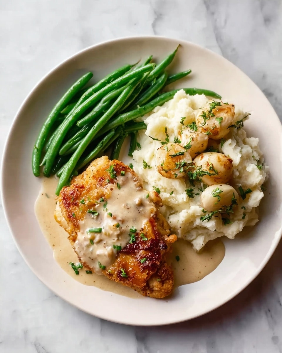 A white round plate holds three parts of a meal on a white marbled surface. On the left side, there is a small pile of bright green beans with smooth skin, topped by a light beige sauce drizzled unevenly. In the center, a large, golden brown chicken piece with a crispy texture is covered by creamy sauce that pools slightly underneath. On the right side, there is a mound of mashed potatoes, creamy and fluffy, with several whole roasted garlic cloves and sprinkled green herbs on top, also covered by a bit of creamy sauce. photo taken with an iphone --ar 4:5 --v 7