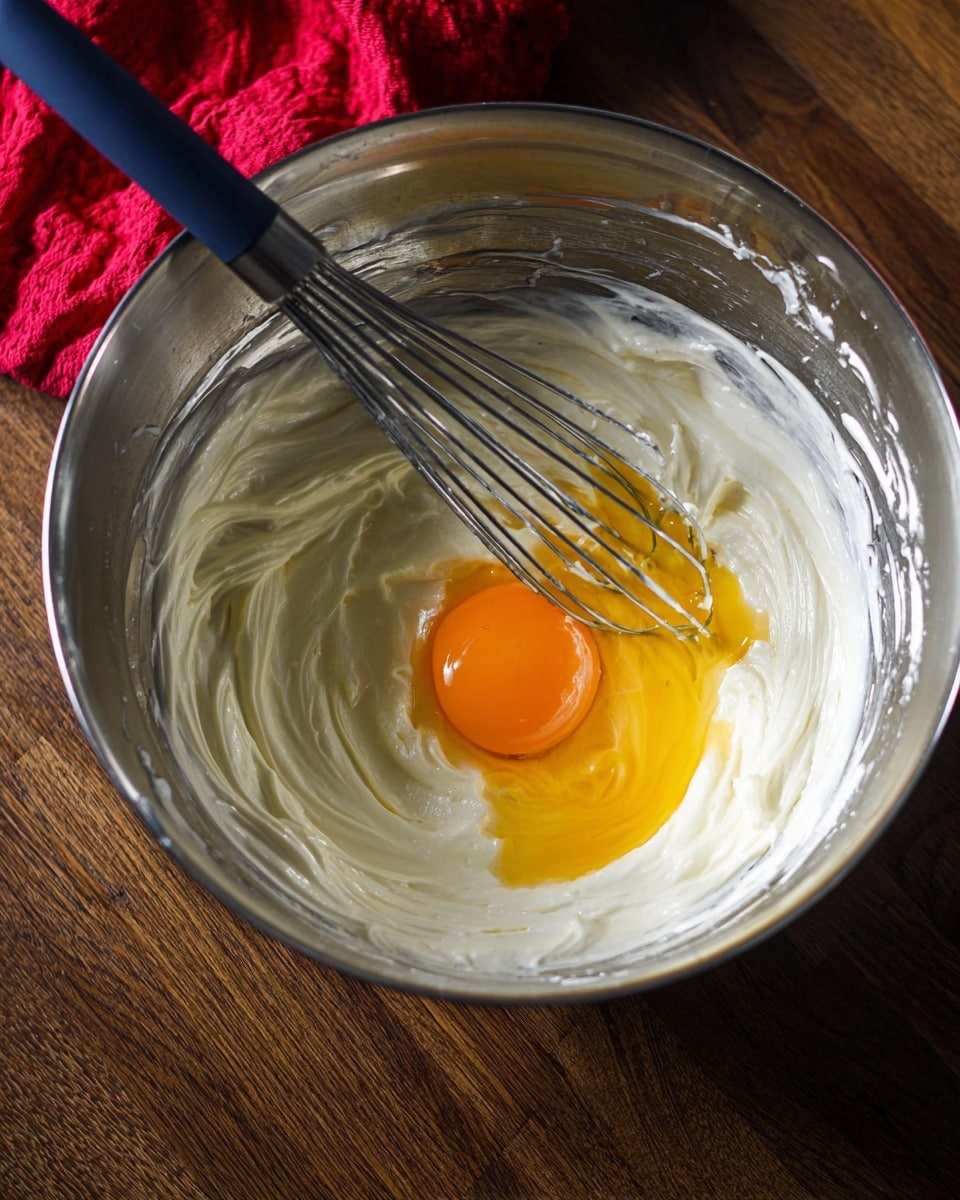 Inside a shiny metal bowl, smooth thick white cream forms the base layer, coated along the sides. Sitting in the cream’s middle is a raw egg yolk with a rich warm orange color surrounded by clear egg white. A metal whisk with a dark blue handle rests inside the bowl, partially dipped in the mixture. The bowl is on a wooden surface, and the upper left corner shows a small part of a bright red cloth. photo taken with an iphone --ar 4:5 --v 7