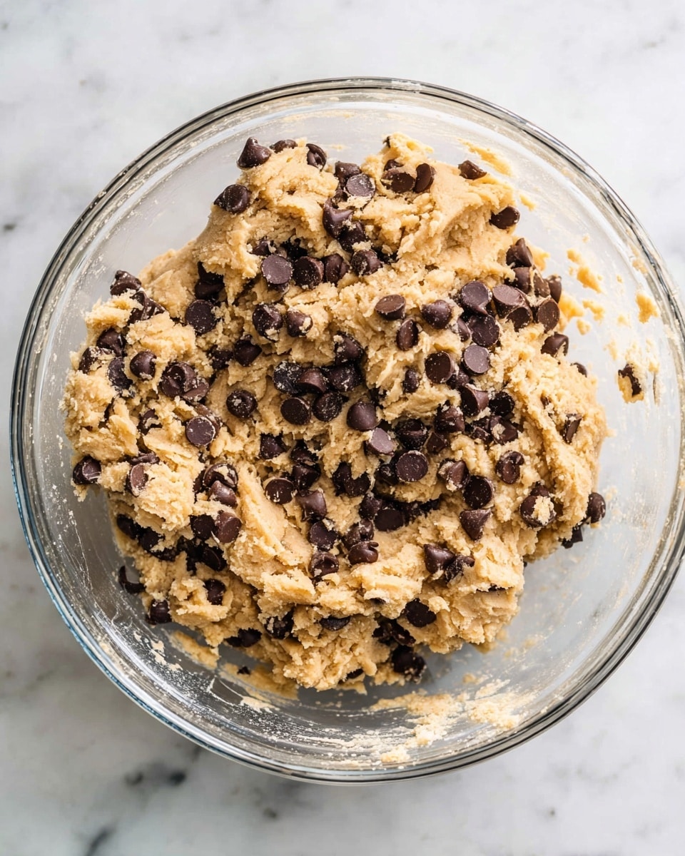 A clear glass bowl filled with light beige cookie dough mixed with many dark brown chocolate chips evenly spread throughout. The dough looks thick and slightly crumbly with small chunks and bits sticking to the sides inside the bowl. The bowl sits on a white marbled surface that contrasts with the rich colors of the dough and chocolate chips. photo taken with an iphone --ar 4:5 --v 7