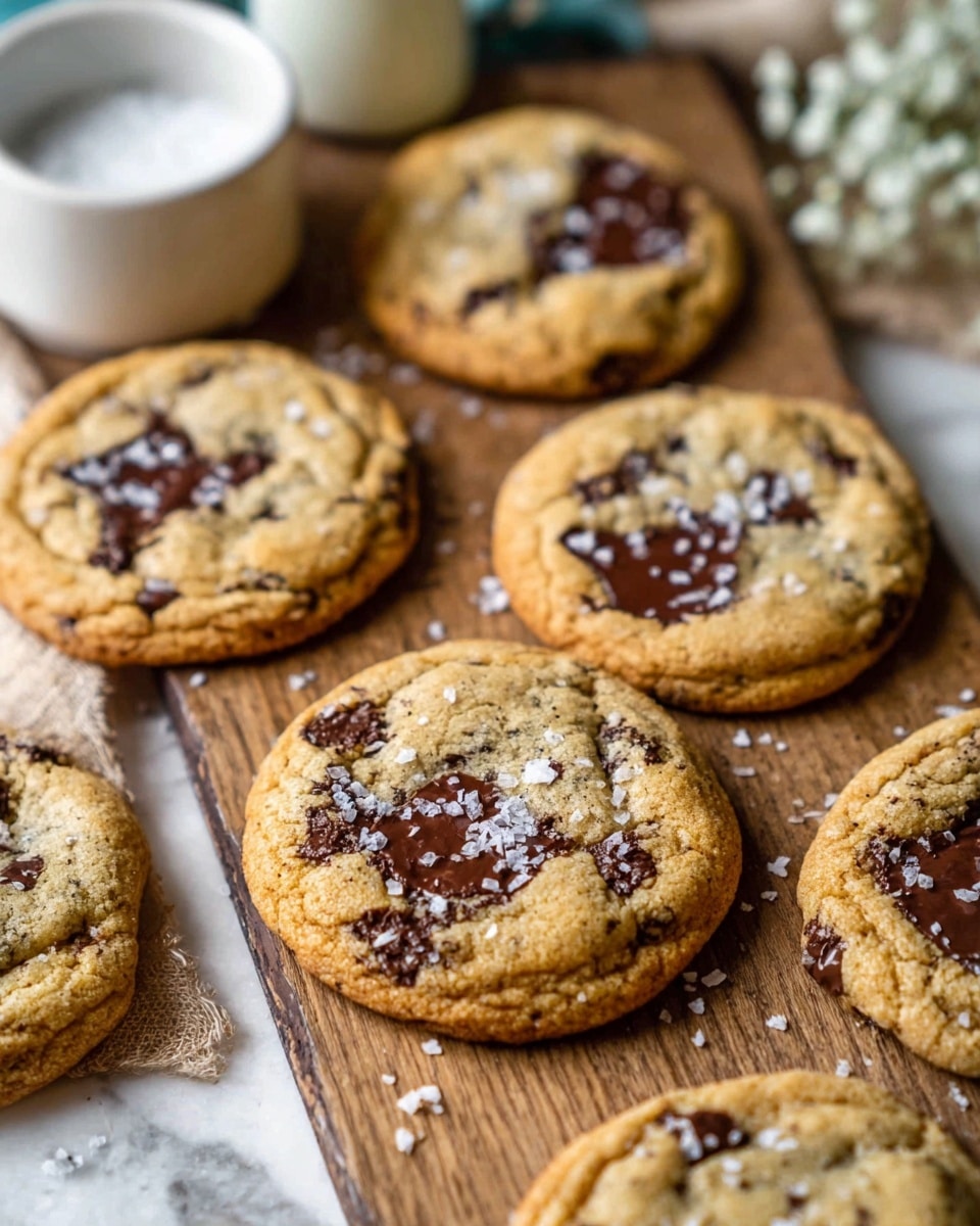Several round chocolate chip cookies are spread out on a wooden board. Each cookie has a light golden-brown color with dark brown melted chocolate chunks embedded on the top surface. The cookies have a slightly cracked texture and are sprinkled with small white salt flakes. In the background, a white bowl with an unclear content is partially visible. The setting includes a white marbled texture under the wooden board, and there are small white flowers blurred in the top right corner. photo taken with an iphone --ar 4:5 --v 7