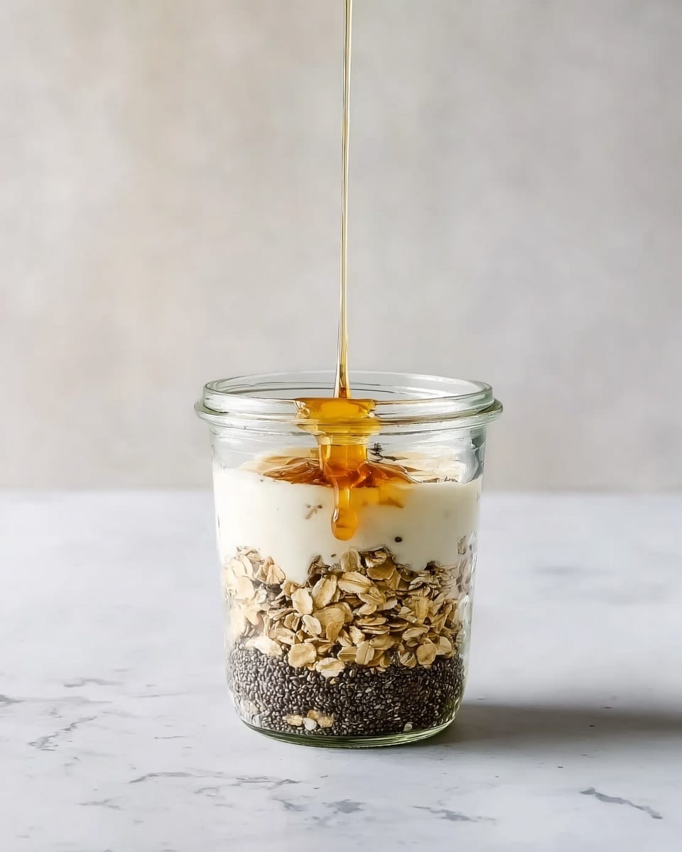 A clear glass jar sits on a white marbled surface, filled with three visible layers: at the bottom is a layer of light brown rolled oats, above it is a layer of tiny black chia seeds, and the top layer is white yogurt with honey being slowly poured over it, creating a thin stream that drizzles down. The background is soft and light gray, emphasizing the textures and colors inside the jar. photo taken with an iphone --ar 4:5 --v 7