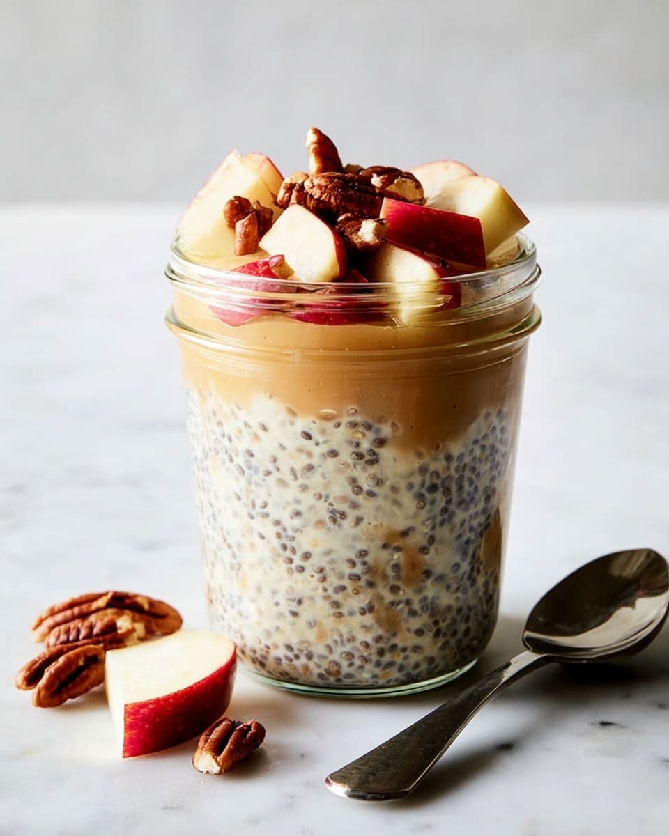 The image shows a clear glass jar filled with three visible layers. The bottom layer is creamy with small black chia seeds mixed throughout. The middle layer is a light caramel-colored puree with a smooth texture. The top layer has freshly chopped red-skinned apple pieces and small pecan nut pieces scattered on top. Next to the jar on a white marbled surface are a few extra apple pieces and pecan nuts. A shiny silver spoon lies beside the jar, reflecting light. Photo taken with an iphone --ar 4:5 --v 7