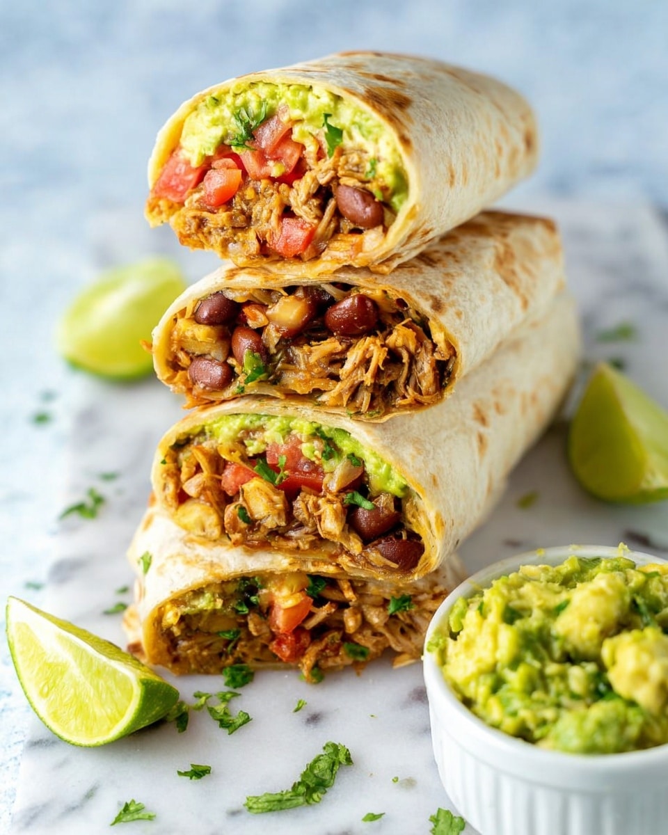 A stack of three cut wraps filled with layered ingredients showing inside: shredded light brown spiced meat, bright green guacamole, diced red tomatoes, cooked beans, and bits of onion and herbs. The wraps are soft and lightly browned on the outside. One whole wrap lies flat beside the stack. In the foreground, a small white bowl holds chunky green guacamole. Lime wedges sit nearby. The surface is a white marbled texture with a soft light blue background. photo taken with an iphone --ar 4:5 --v 7