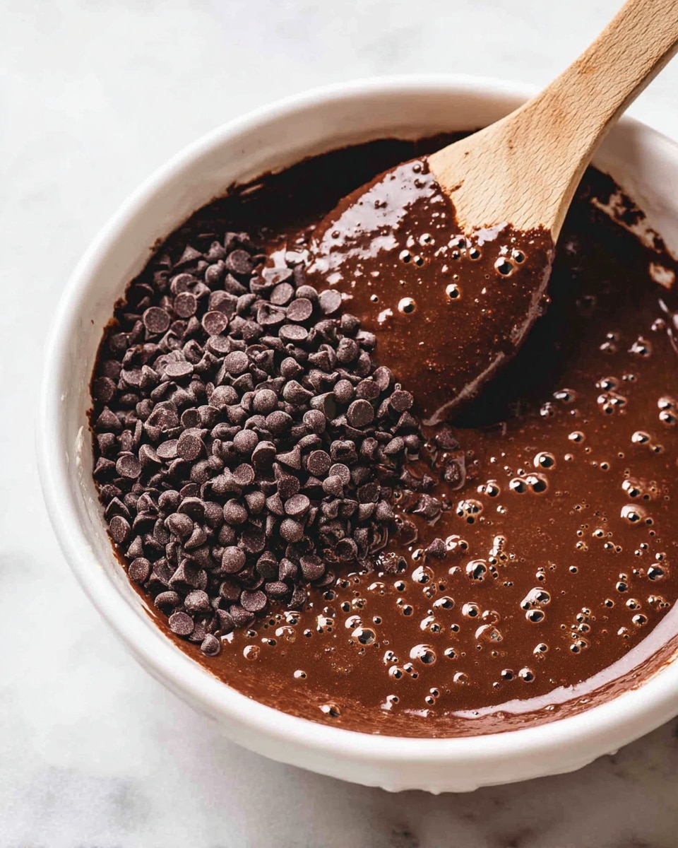 A white bowl filled with dark brown chocolate batter, with a thick texture and tiny bubbles on the surface. There is a large pile of small, dark chocolate chips resting on one side of the batter. A wooden spatula is lifted from the bowl, covered with chocolate batter and plenty of chocolate chips, showing some movement in the mixing. The bowl is placed on a white marbled surface. photo taken with an iphone --ar 4:5 --v 7