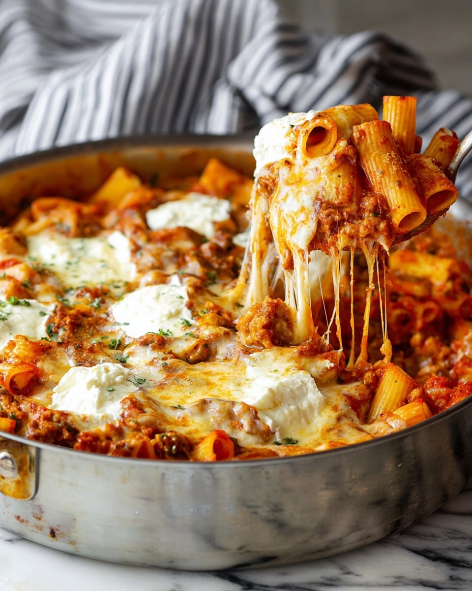 This image shows a large silver pan filled with a baked pasta dish featuring three main layers: the bottom layer is rigatoni pasta mixed in a bright red tomato sauce with flecks of green herbs and bits of browned meat. The middle layer consists of dollops of white creamy cheese with a slightly browned and bubbly texture. The top layer is melted cheese that stretches in long, stringy strands as a woman's hand lifts a spoonful from the pan, creating a gooey and rich look. The pan is sitting on a white marbled surface with a striped cloth in the background. photo taken with an iphone --ar 4:5 --v 7