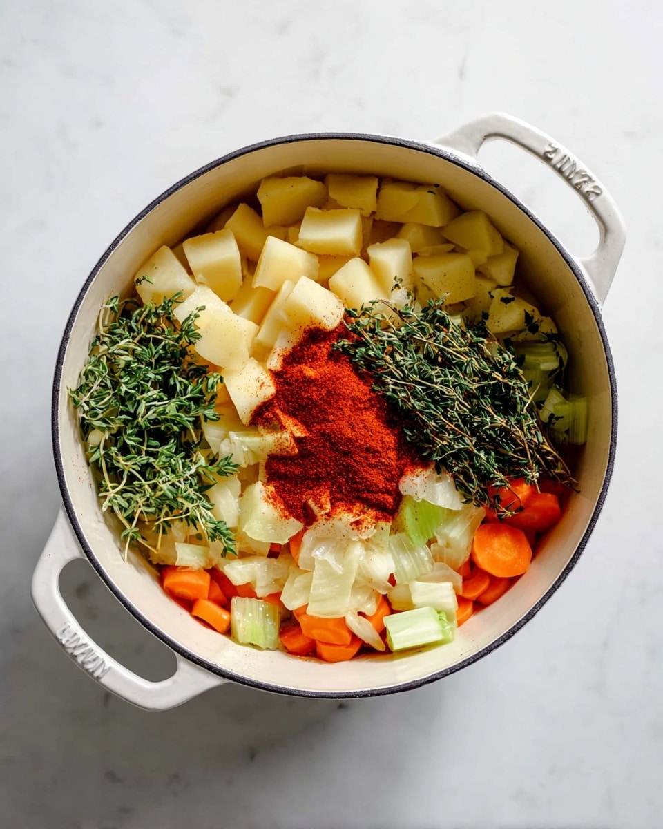 A white pot with two handles holds several layers of ingredients. The bottom visible layer has cooked orange carrot slices and pale green celery pieces mixed with translucent chopped onions. On top of this, a pile of small, cubed light yellow potatoes sits on the left side. Fresh green herbs, including thyme and oregano, are sprinkled over the potatoes and vegetables. A mound of bright red powdered spice rests at the center of the pot, adding a strong color contrast. The pot is placed on a white marbled surface. photo taken with an iphone --ar 4:5 --v 7