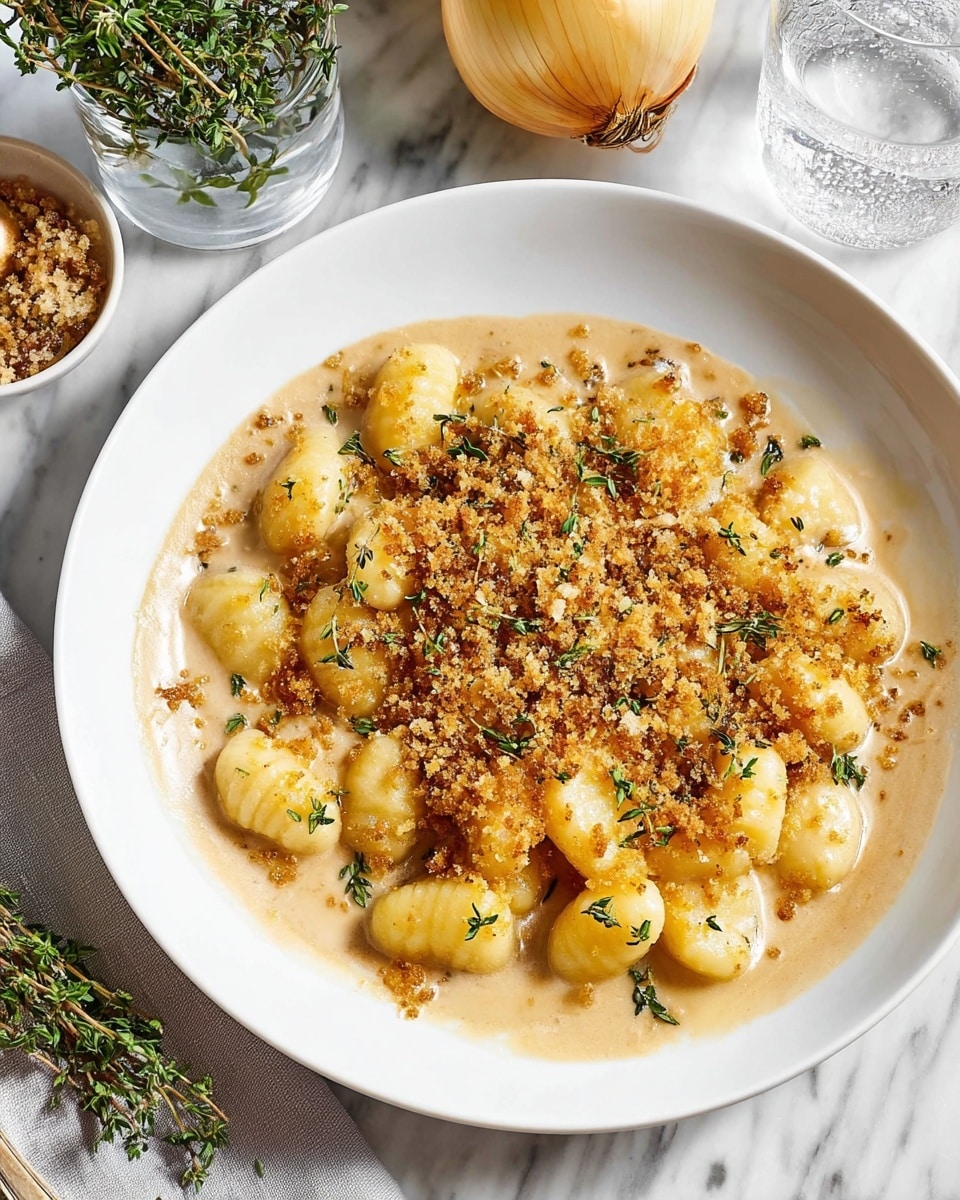 The dish shows a white plate filled with gnocchi in a creamy light brown sauce that almost covers the plate bottom and touches the plate edges. On top of the gnocchi is a layer of golden brown crumb topping with a crumbly texture sprinkled with small bits of herbs, mainly fresh thyme sprigs scattered across the dish, adding a green color contrast. The gnocchi are plump and slightly yellow with a soft and smooth texture. Around the plate, the setting includes fresh thyme sprigs and a bowl with a yellow onion and a glass of water on a white marbled surface. photo taken with an iphone --ar 4:5 --v 7