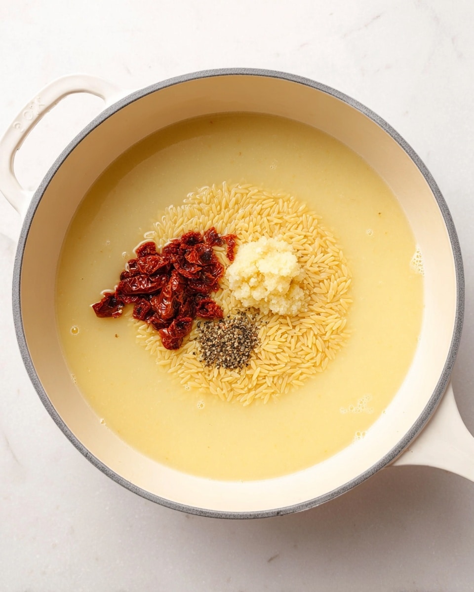 A white pot with a light gray rim sits on a white marbled surface. Inside the pot, there is a layer of pale yellowish broth filling most of the space. In the center, there is a round mound of uncooked orzo pasta, pale yellow with a slight shine. On top of the orzo, there are arranged three small piles: a beige creamy mound of minced garlic, a dark life pile of black pepper mixed with salt, and a cluster of dark red sun-dried tomatoes in oil nearby. The scene is bright and clear, showing a simple cooking preparation. Photo taken with an iphone --ar 4:5 --v 7
