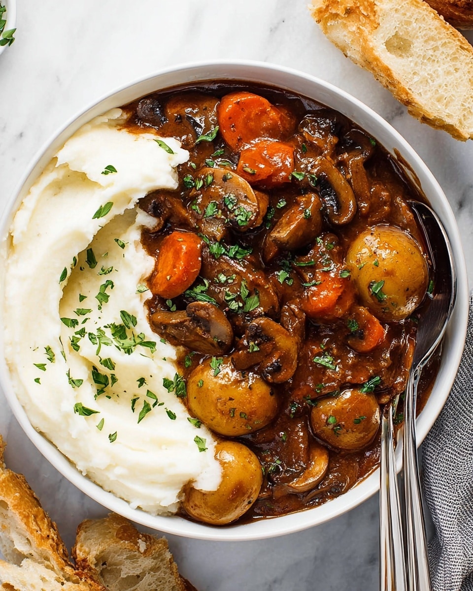The dish is served in a white bowl on a white marbled surface, showing two distinct layers: a smooth, creamy white layer of mashed potatoes on one side and a thick, rich brown stew covering the other side. The stew is chunky with visible slices of orange carrots, whole mushrooms, and round brown potatoes in a glossy, hearty sauce. The top is sprinkled with small pieces of fresh green herbs. Two shiny metal spoons rest inside the bowl at the bottom right, with pieces of torn bread placed nearby. Photo taken with an iphone --ar 4:5 --v 7