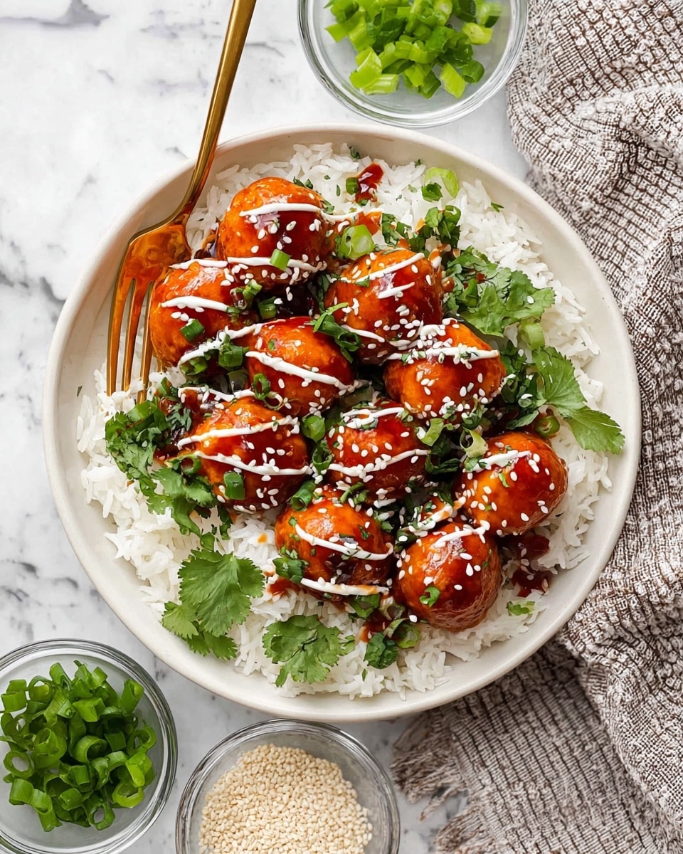 A white bowl filled with a bottom layer of white steamed rice. On top, there is a layer of round, orange-glazed balls covered in a dark shiny sauce, sprinkled with white sesame seeds and drizzled with thin white sauce lines. Around the balls, fresh green herbs and chopped green onions add a pop of color. The bowl is set on a white marbled surface with a gold fork resting inside it. Nearby, there are small clear bowls with extra green onions, chopped herbs, and white sesame seeds. Photo taken with an iphone --ar 4:5 --v 7