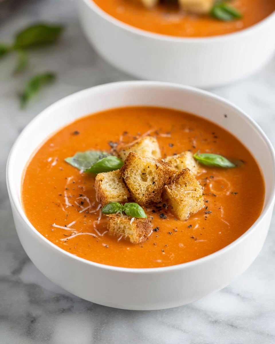 A white bowl filled with smooth, orange tomato soup. On top, there are small golden-brown croutons scattered in the center. A few green basil leaves and small bits of black pepper and grated cheese are sprinkled over the soup. The bowl sits on a white marbled surface, and in the background, part of another white bowl with the same soup is visible. Photo taken with an iphone --ar 4:5 --v 7
