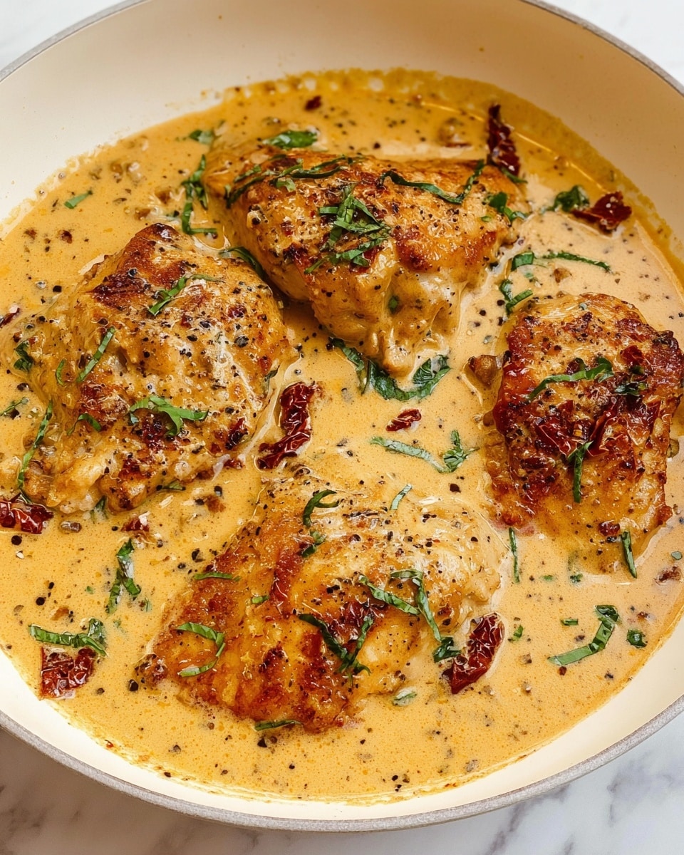 A white pan filled with four browned cooked chicken pieces covered in a creamy light orange sauce with visible bits of garlic and sun-dried tomatoes. The sauce has a smooth, thick texture with specks of black pepper and green chopped herbs scattered over the chicken and sauce. The dish sits on a white marbled surface. photo taken with an iphone --ar 4:5 --v 7