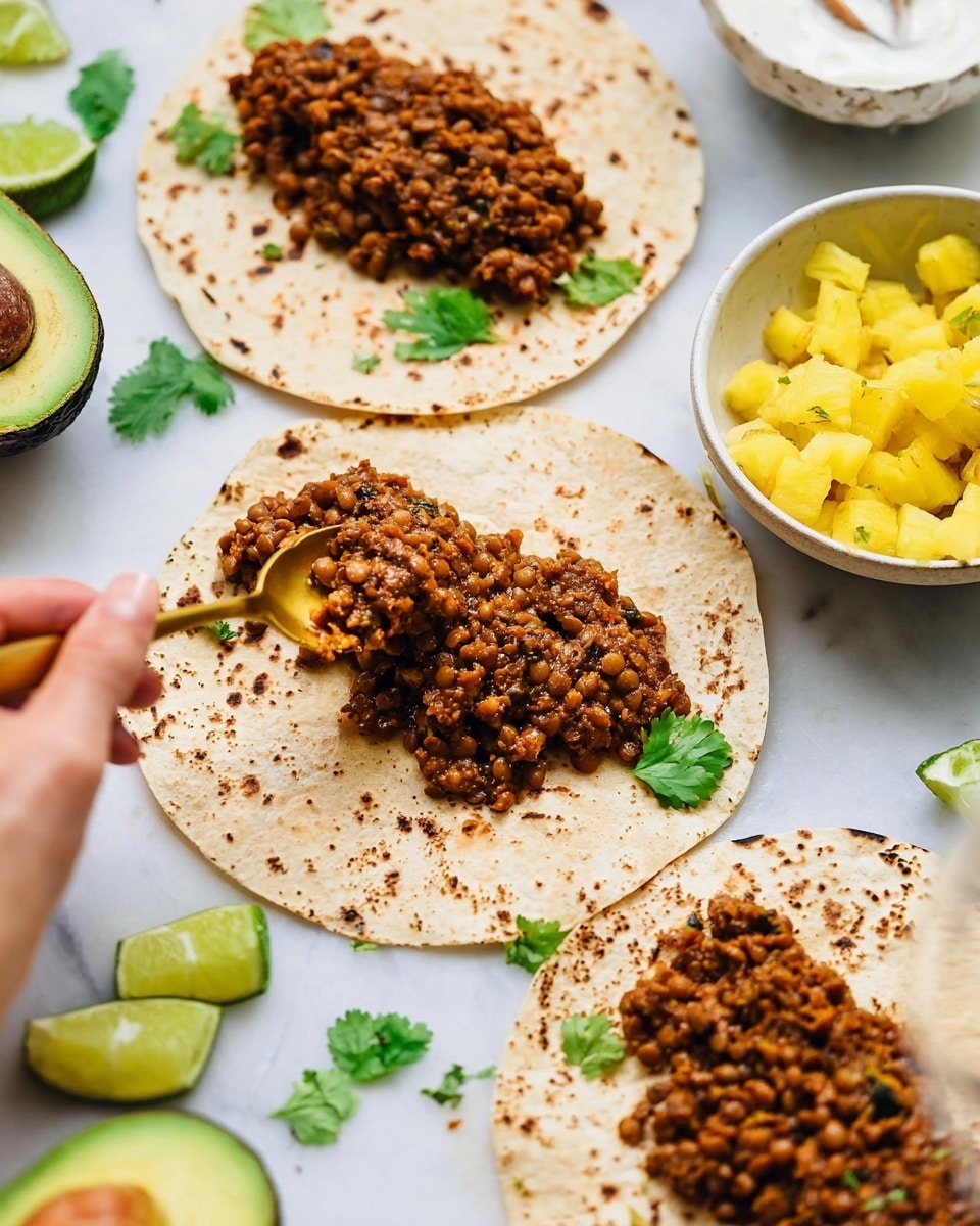 A white bowl filled with a thick layer of finely textured, reddish-brown cooked plant-based meat sauce sits on a white marbled surface. Behind the bowl, there are three white tortillas stacked in a neat pile, with two halves of a ripe avocado and a small bunch of fresh green cilantro placed on the white marbled background. In the foreground, two lime wedges with their bright green and yellow colors rest on the white marbled surface, while a wooden spoon with a smooth, polished finish is set to the right. A glass of water is partially visible on the left side. The overall setting has a clean, fresh look with the white marbled texture and bright natural lighting. photo taken with an iphone --ar 4:5 --v 7