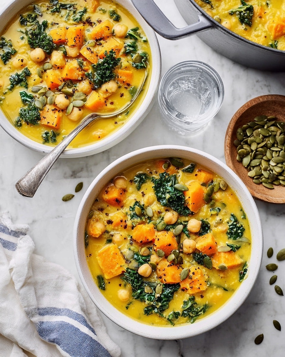 Two white bowls filled with a thick yellow soup containing chunks of orange sweet potato, light beige chickpeas, and dark green kale leaves, topped with green pumpkin seeds and small black pepper specks. One bowl has a silver spoon resting inside it. Both bowls sit on a white marbled surface, near a small wooden bowl of green pumpkin seeds and a glass of water. A gray pot with more soup and a white cloth with blue stripes are also partially visible on the surface. The scene is bright and clean, with a focus on the colorful, hearty soup. photo taken with an iphone --ar 4:5 --v 7