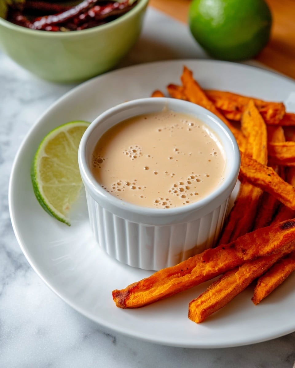 A white plate holds a small white ramekin filled with a creamy light beige sauce that has tiny bubbles on its surface. Around the ramekin, there are several orange sweet potato fries, some with lightly charred edges, spread out on the plate. Behind the plate, slightly out of focus, there is a pale green bowl with dark dried chilies and a bright green lime half on a white marbled surface. The overall setting is warm and inviting with a clean and simple look. photo taken with an iphone --ar 4:5 --v 7