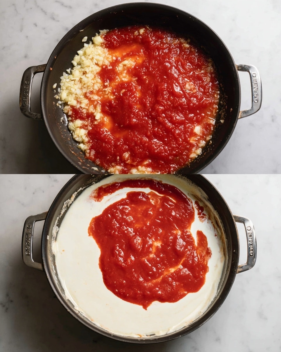 The image shows two steps of cooking tomato sauce in a black pan with two handles on a white marbled surface. In the first step, there is a layer of chopped onions and garlic with a shiny, wet texture spread unevenly around the edges of the pan. Over the center is a smooth, thick layer of bright red tomato sauce. In the second step, the same onion and garlic base is present, but the tomato sauce is mixed with a creamy white liquid that covers about half the surface, creating a contrast between the red and white areas with some blending where they meet. Photo taken with an iphone --ar 4:5 --v 7