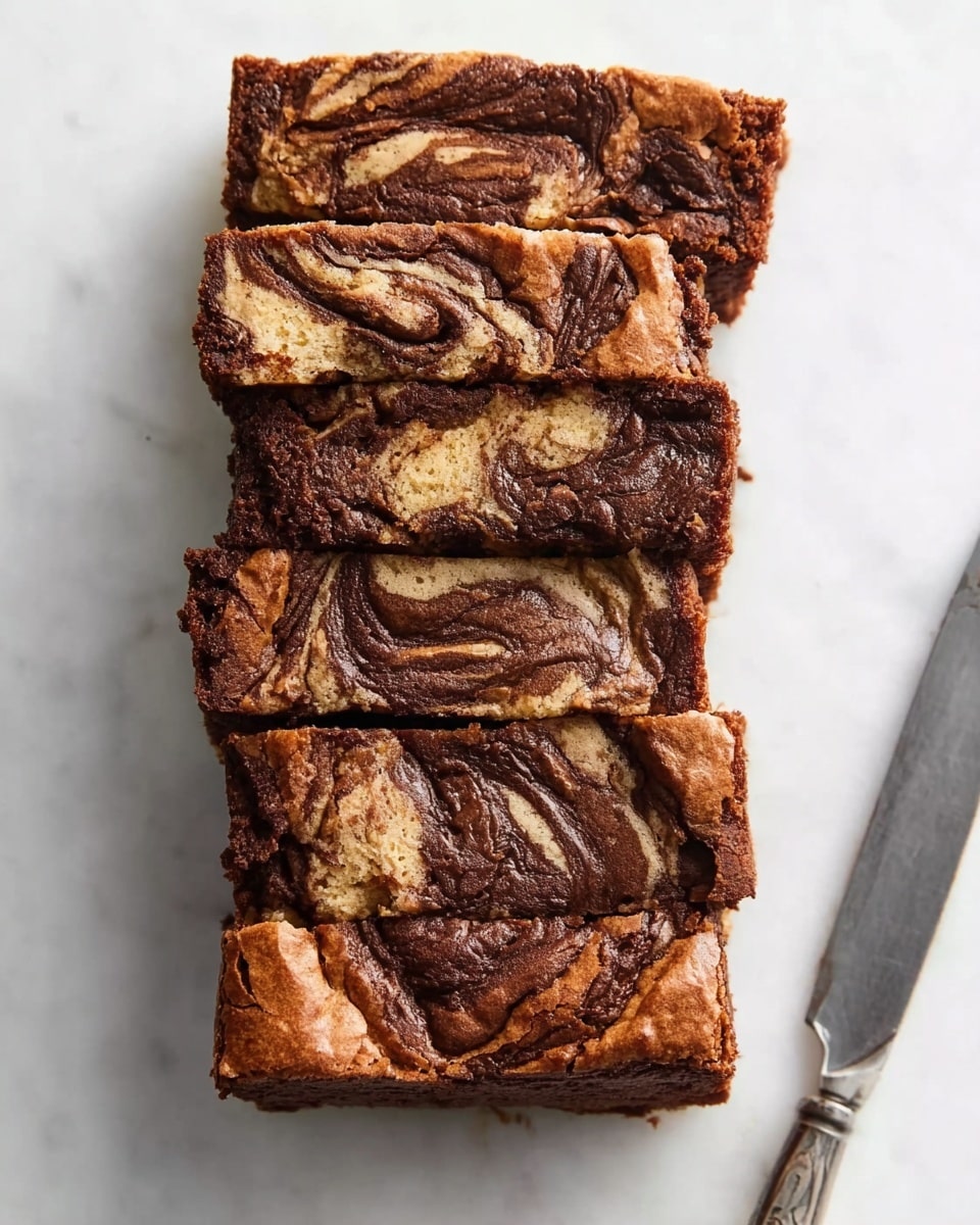 A stack of six rectangular brownie and vanilla swirl slices is arranged vertically on a white marbled surface. Each slice shows a thick top layer with a rich dark chocolate swirl pattern mixed with lighter vanilla-colored dough, giving a marbled effect. The edges are slightly crispy and browned while the inside looks soft and moist. To the right, a silver knife lies flat on the white marbled surface. photo taken with an iphone --ar 4:5 --v 7