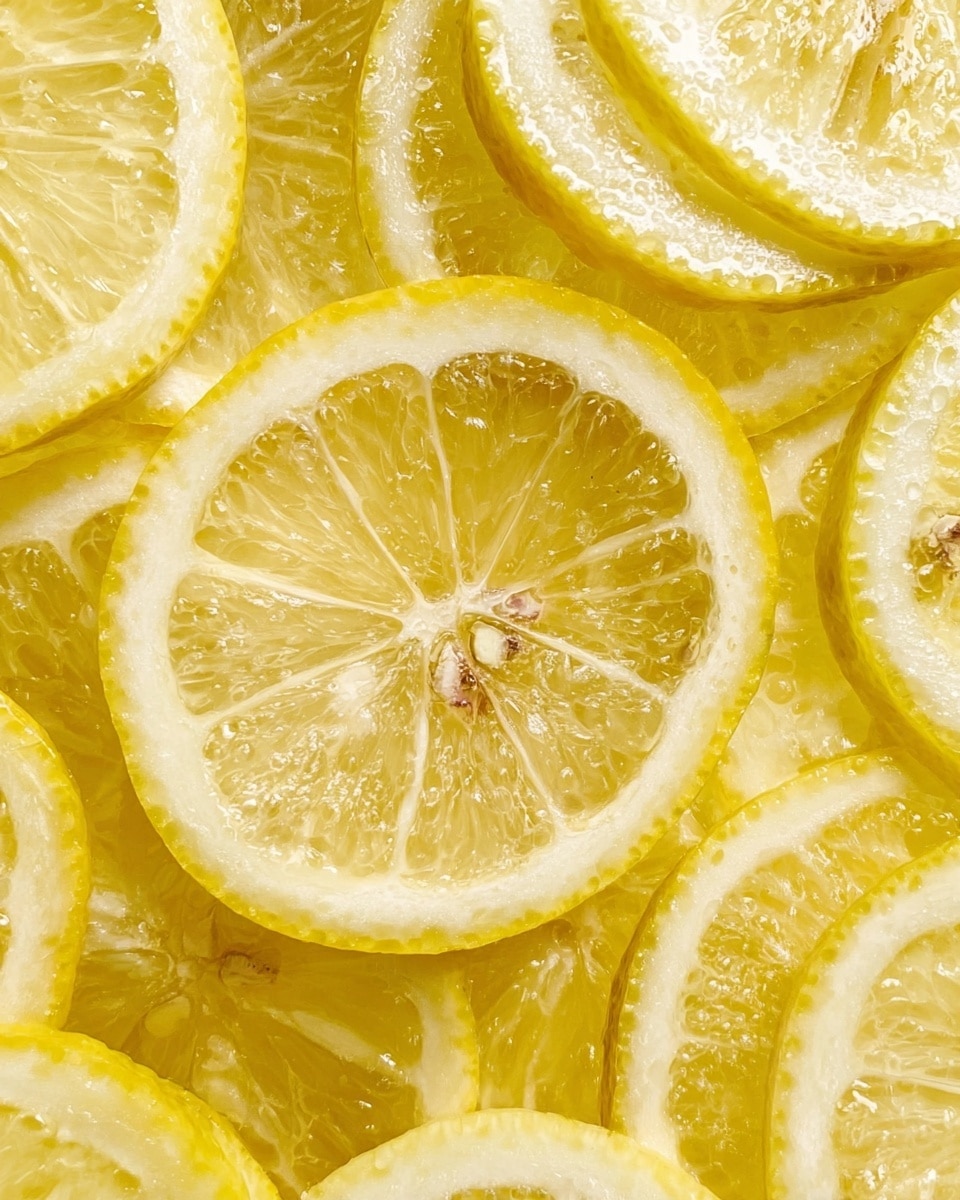 The image shows many lemon slices stacked closely together covering the entire view. Each slice has a thin yellow rind surrounding translucent pale yellow flesh with visible juice sacs and seeds inside. The textures of the lemon flesh are shiny and slightly wet, giving a fresh and juicy look. The lemon slices overlap in a way that creates a layered effect, with some slices partially hidden under others. The background is not visible as the lemon slices fill the entire frame. photo taken with an iphone --ar 4:5 --v 7
