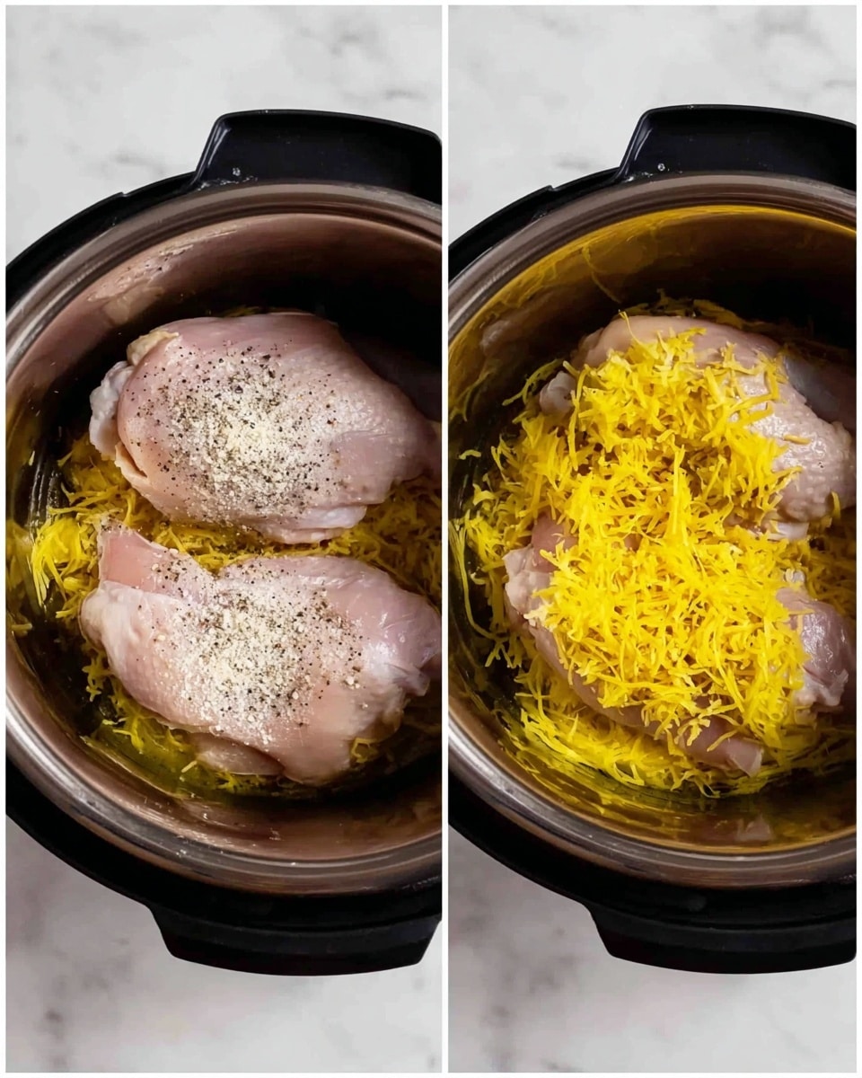 The image shows two views inside a black pot with two raw light pink chicken pieces at the bottom. Both pieces are lightly sprinkled with white powder and black pepper. In the second view, the same chicken pieces are covered with bright yellow shredded layers spread on top and around the chicken. The inside of the pot is metallic, and the pot is placed on a white marbled surface. photo taken with an iphone --ar 4:5 --v 7