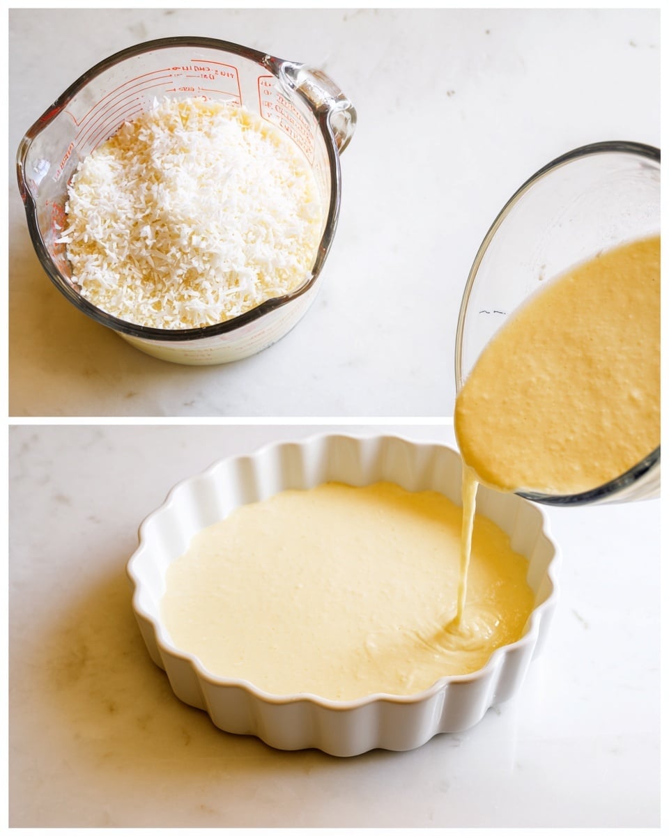 The image shows two steps in making a batter or mixture. On the left, a clear glass measuring cup filled about halfway with a pale yellow liquid, topped with a thick layer of white shredded coconut, sits on a white marbled surface. On the right, a white round baking dish with fluted edges is being filled with a smooth pale yellow batter, poured from the glass measuring cup held just above the dish. The batter has a creamy, even texture as it spreads inside the dish on the white marbled surface. Photo taken with an iphone --ar 4:5 --v 7