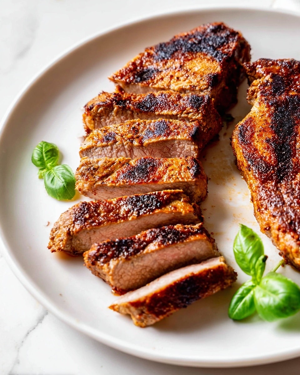 The image shows a white plate on a white marbled surface with a grilled piece of meat sliced into five thick pieces laid flat in the center-left. The meat has a golden-brown crust with darker charred spots, showing a juicy pinkish inside. To the right on the plate is another piece of the same grilled meat, whole and similarly browned with dark grill marks. A small fresh green basil leaf is placed near the top and another near the bottom edge of the plate. The lighting is bright, highlighting the textures of the grilled surface and tender inside of the meat. Photo taken with an iphone --ar 4:5 --v 7