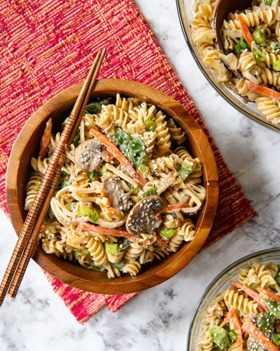 A wooden bowl filled with a pasta salad that has two types of pasta: rotini pasta with a light yellow color and thin noodles with a beige color. Mixed in are light green leafy vegetables, orange carrot strips, sliced round mushrooms with a pale brown shade, and small round green onion slices. The salad looks creamy with a light dressing and is sprinkled with white sesame seeds on top. Two wooden chopsticks rest on the edge of the bowl. The bowl sits on a red and white woven cloth, all placed on a white marbled surface. Part of a clear glass bowl with the same salad is seen on the top right corner. Photo taken with an iphone --ar 4:5 --v 7