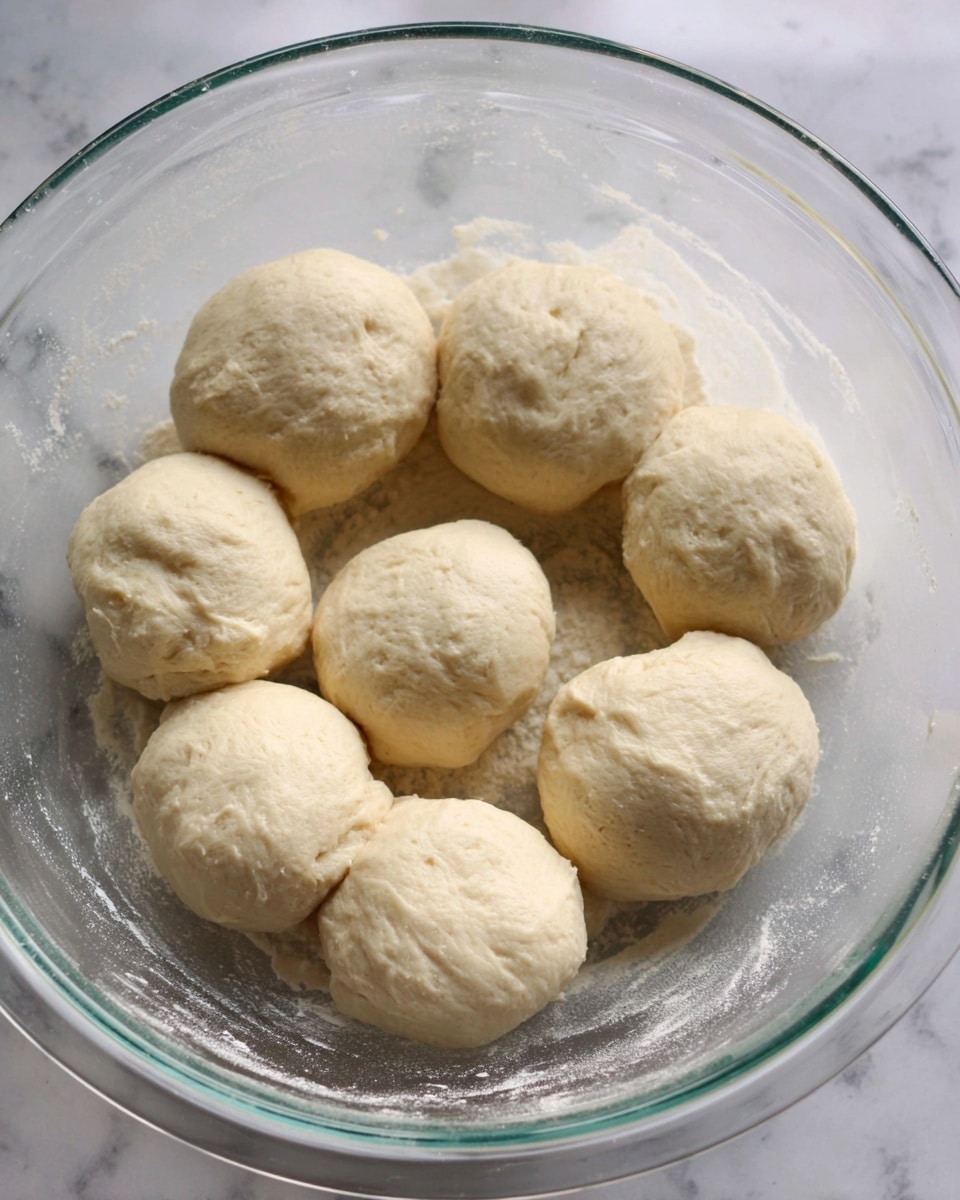 There are eight pale beige dough balls placed in a circle inside a clear glass bowl. The dough balls have a soft, smooth texture and look slightly sticky. The bowl's inside shows some leftover dough bits and light flour dusting. The background is a white marbled texture. photo taken with an iphone --ar 4:5 --v 7